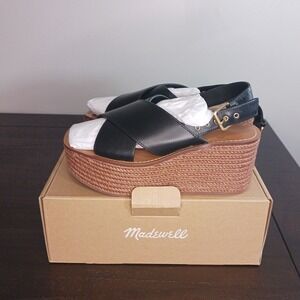 Madewell Amee Wedge Leather Jute Wrapped Black Sandals Women's Size 8 New